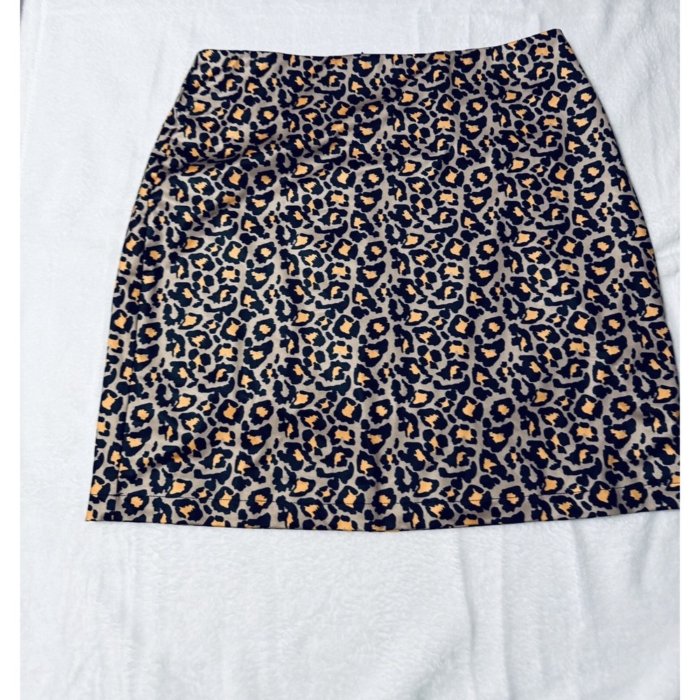 Egreis Leopard Print Pencil Skirt Womens Medium Tan Black Stretch Cotton Midi
